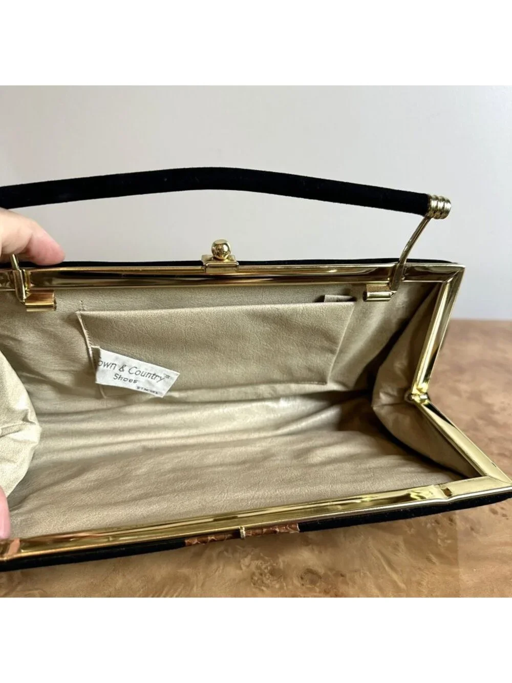 Vintage Town & Country Black Suede Clutch Python Snakeskin Trim Gold Frame MCM